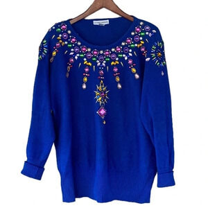 Vintage 80s 90s blue Jewel bedazzled Winter holiday New Years sweater Bold Glam